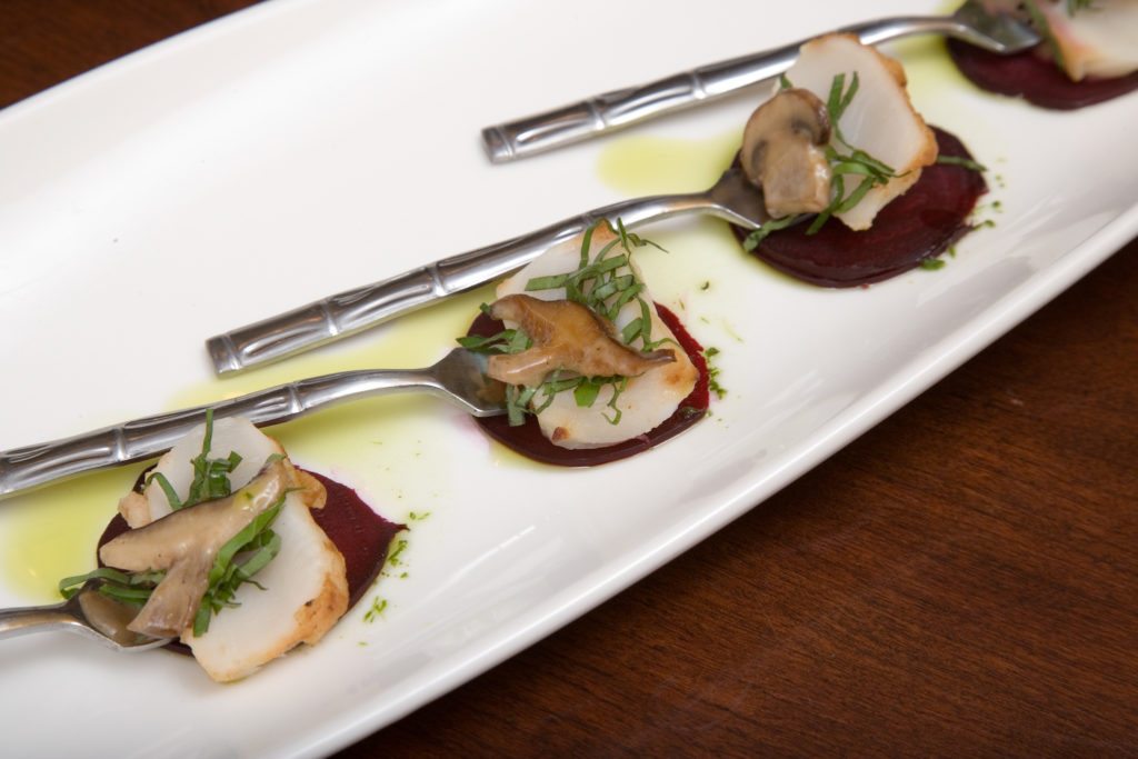 scallop spoons with beets and shitake cocktail party catering
