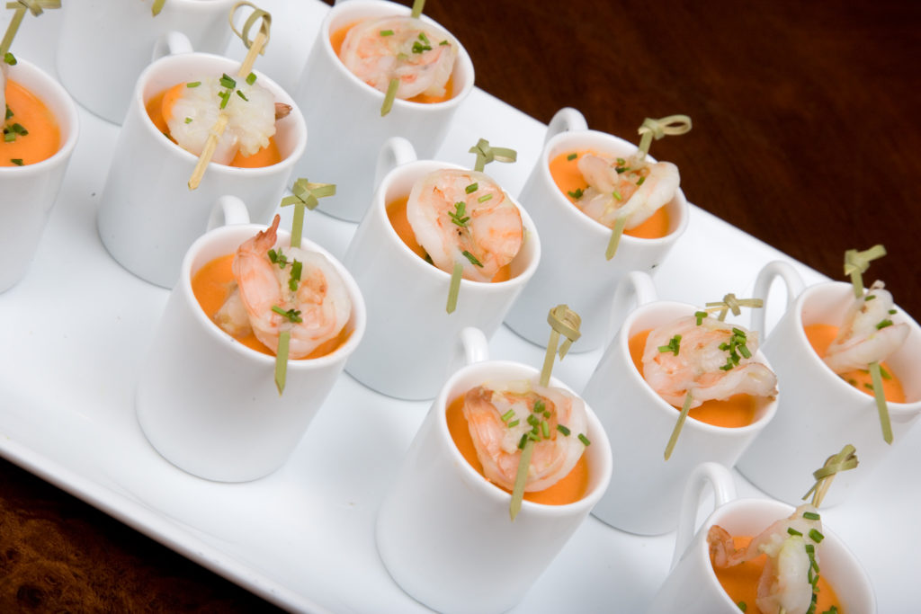 Fine Dining catering tomato soup and shrimp